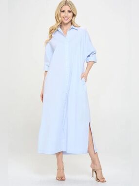 NWT Adrienne Regan Maxi Sky Blue Pinstripe Shirt Dress Large